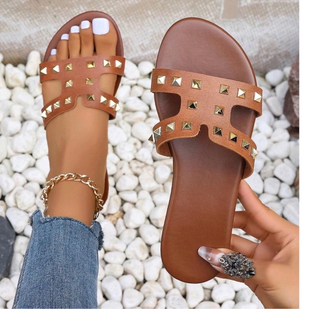 Luxe Studded Vegan Leather Slip On Flat Sandals 5.5 6 6.5 7 7.5 8 9 9.5 10 11